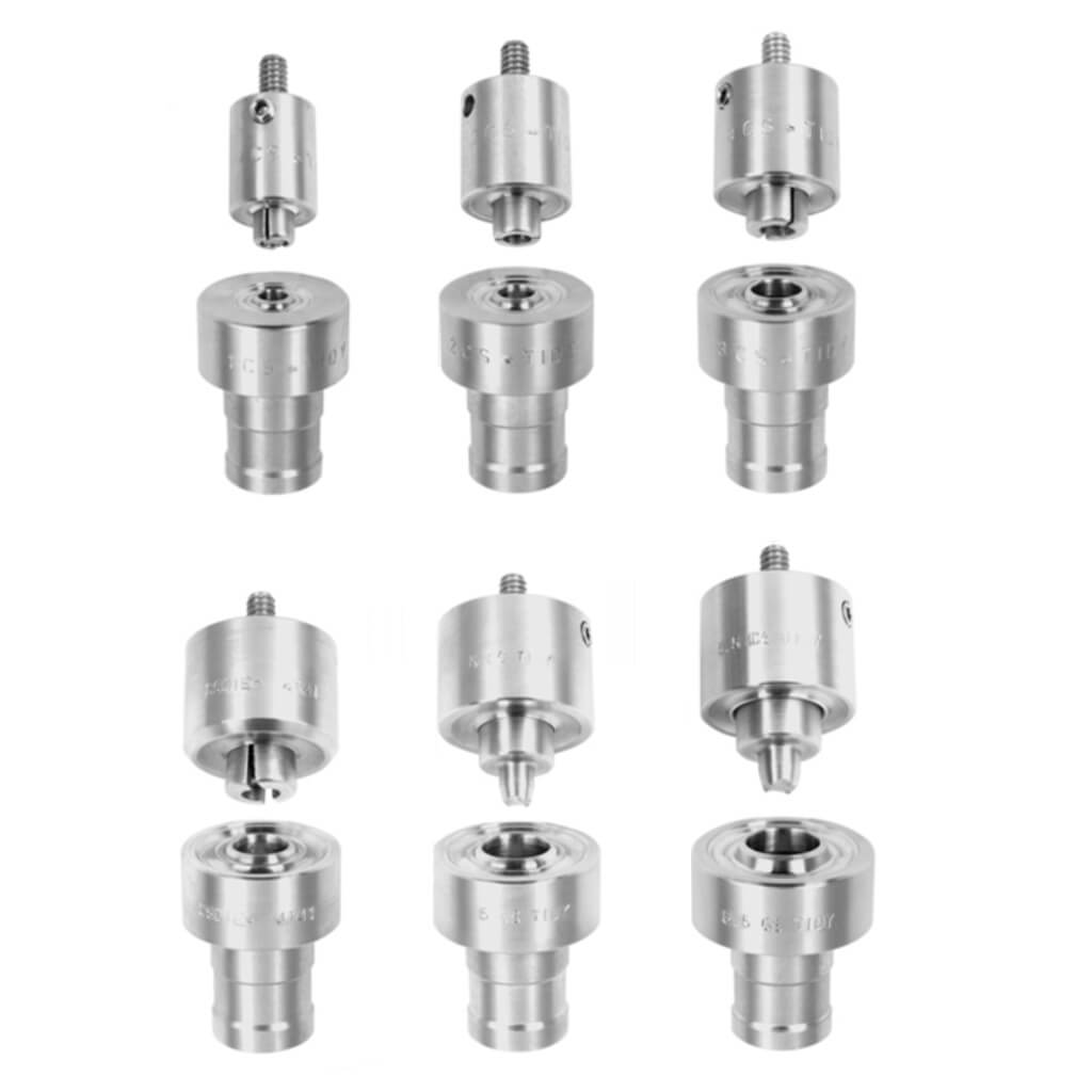 Self-cleaning grommet attaching dies for ClipsShop CS-TIDY-41 and CS-TIDY-51 pneumatic grommet presses