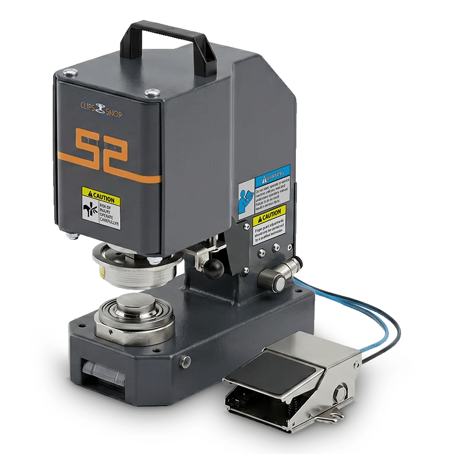 CSTIDY52 ClipsShop CS-TIDY-52 pneumatic grommet machine with a built-in carrying handle and an attached metal foot pedal on white background.
